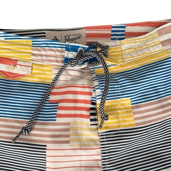 Original Penguin 8-Bit Striped Swim Trunks Blue Depths Combo 29 - Picture 5 of 10